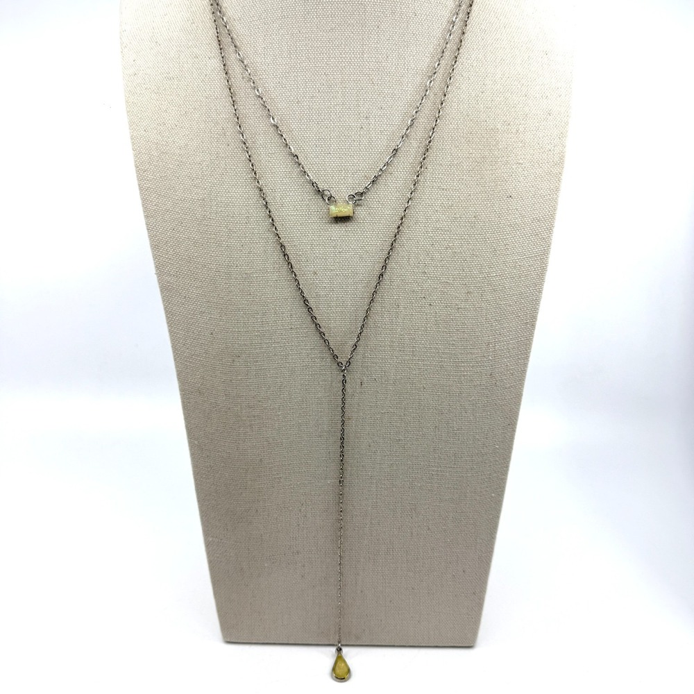 Silver Tone Y-Necklace Iridescent Rectangle Teardrop Faux Opal Dainty Layer Boho